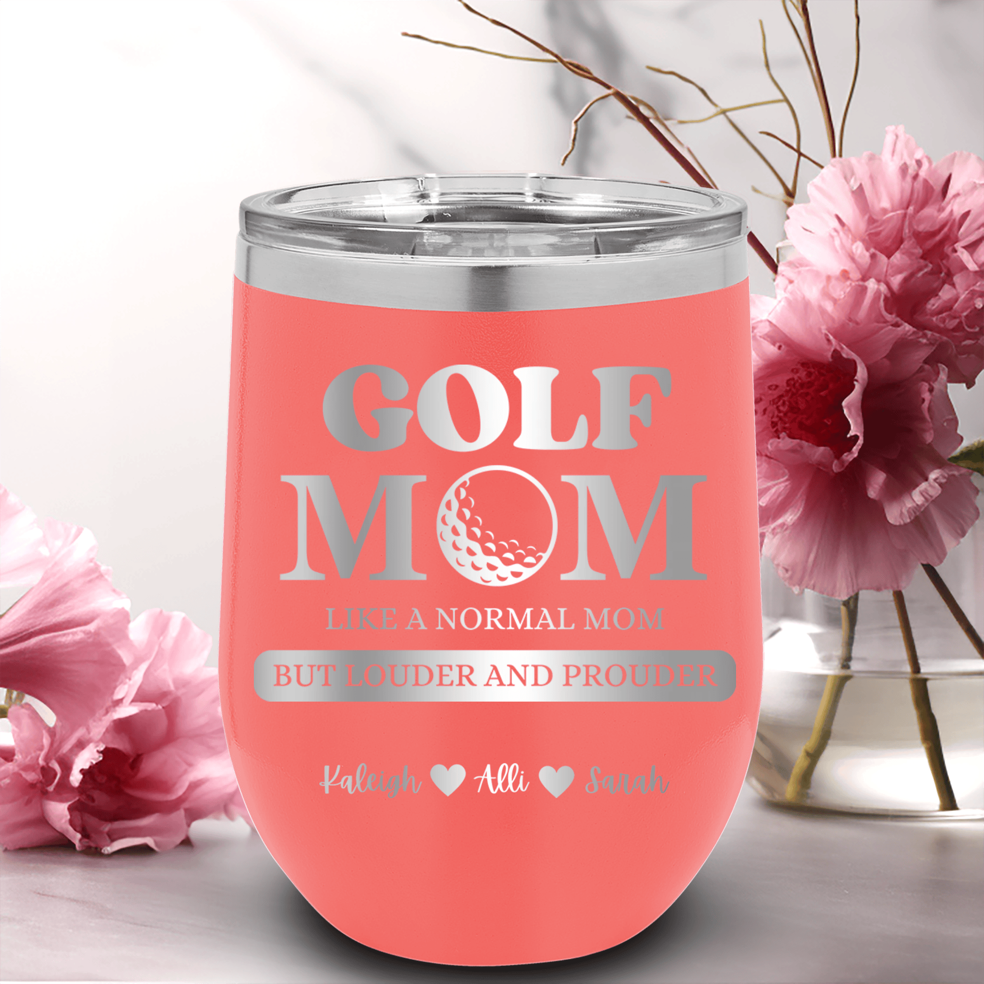 Salmon Golf Mom Wine Tumbler With Golf Moms Are Loud And Proud Design