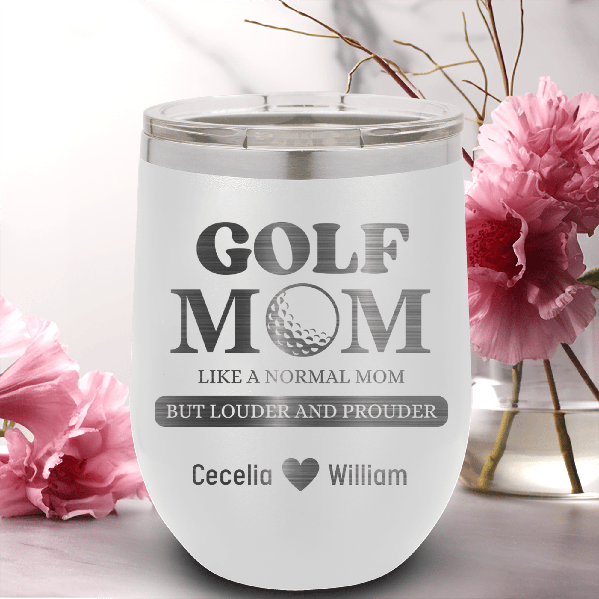 White Golf Mom Wine Tumbler With Golf Moms Are Loud And Proud Design