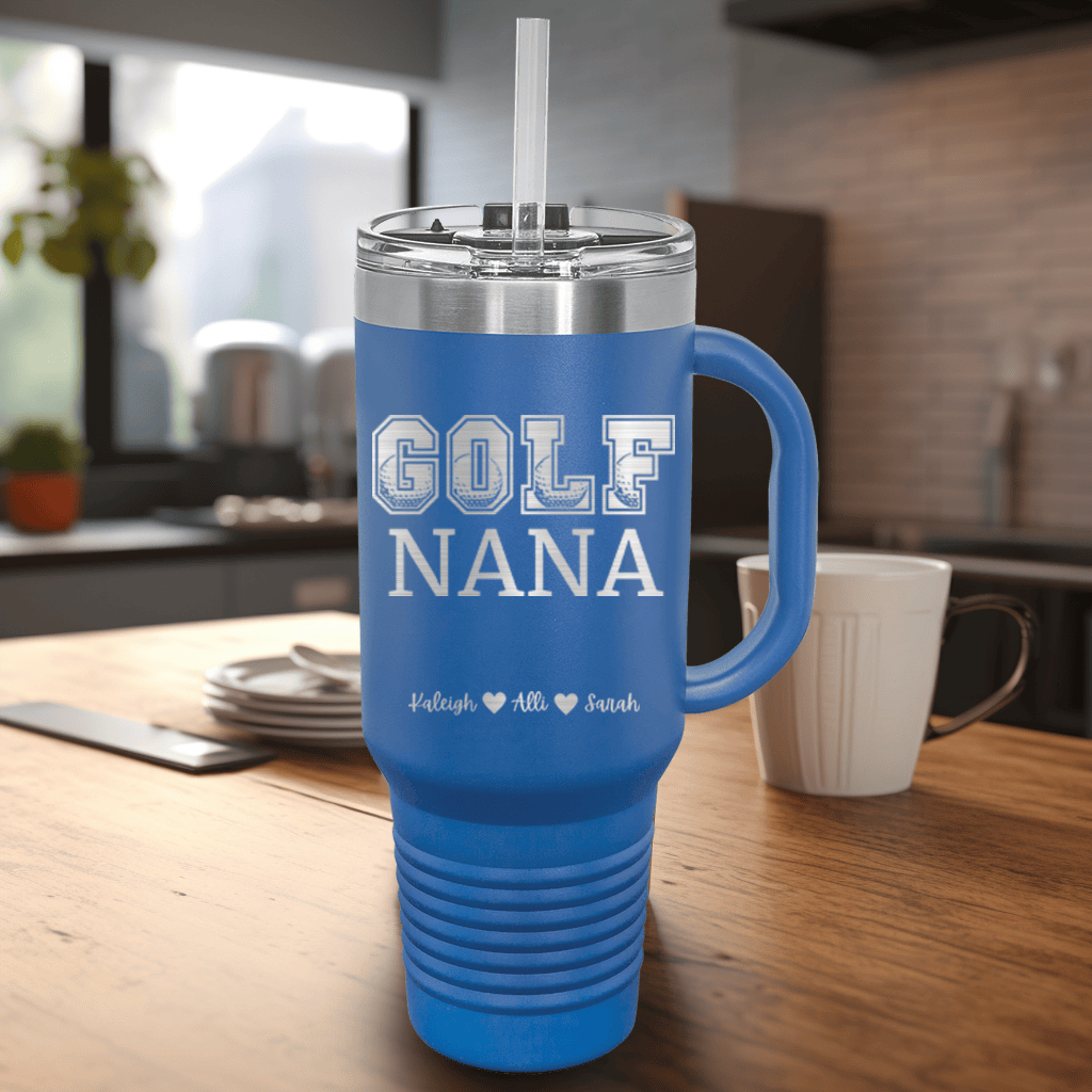 Blue Golf Mom Travel Mug With Handle With Golf Nana Design