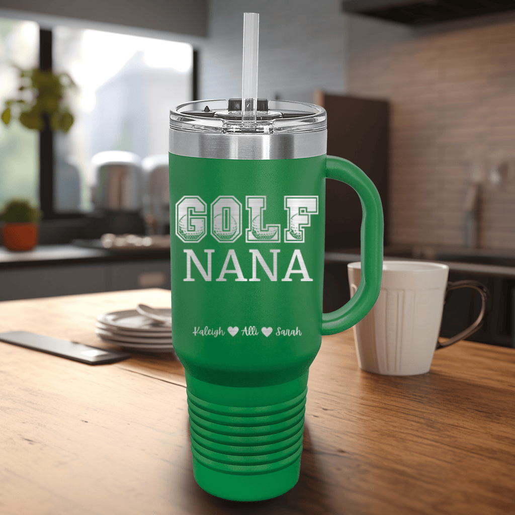 Green Golf Mom Travel Mug With Handle With Golf Nana Design