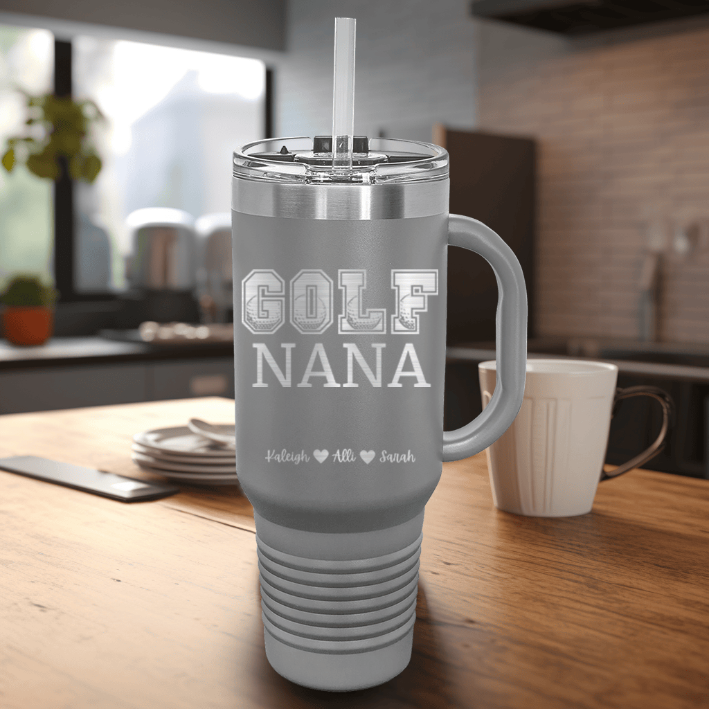 Grey Golf Mom Travel Mug With Handle With Golf Nana Design