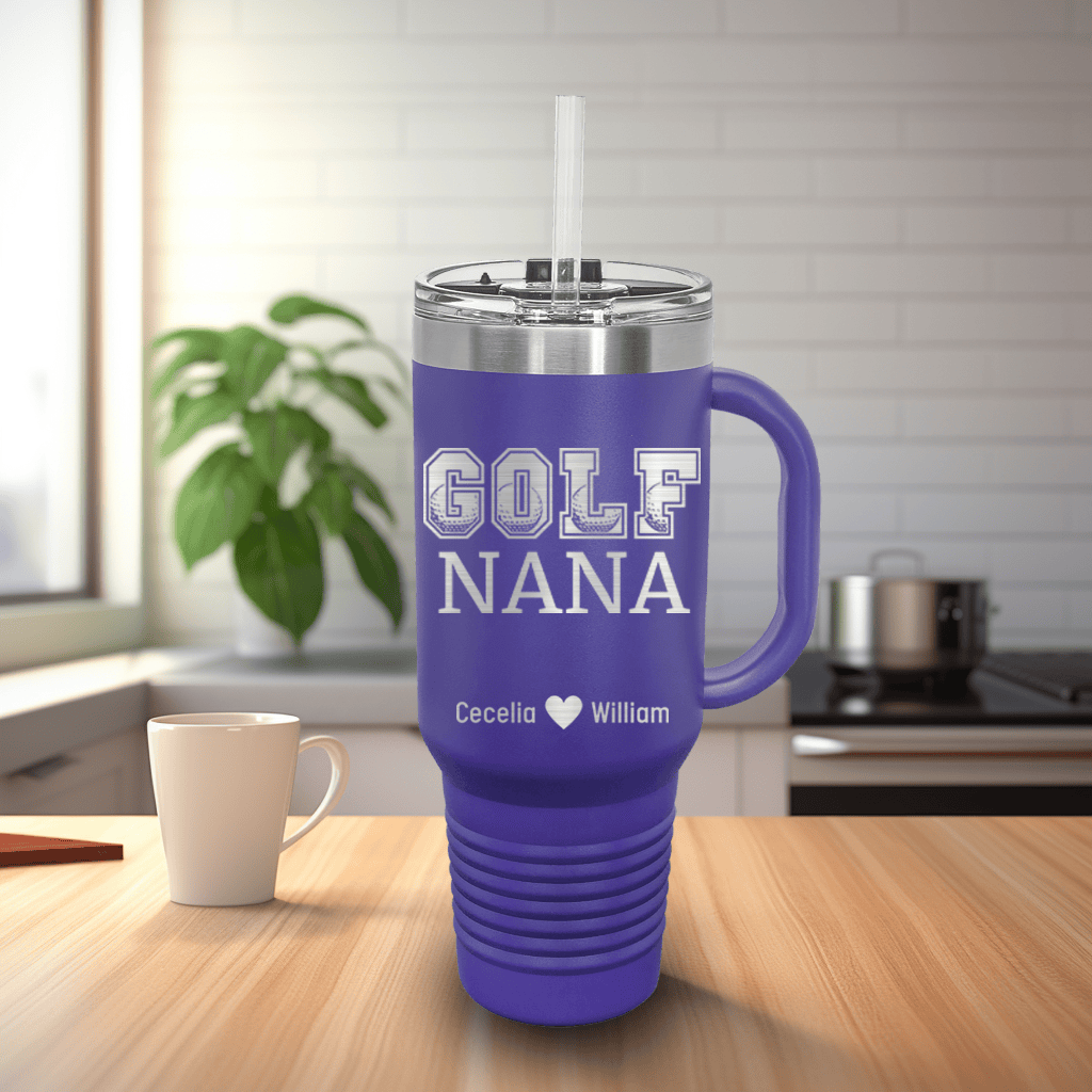 Purple Golf Mom Travel Mug With Handle With Golf Nana Design