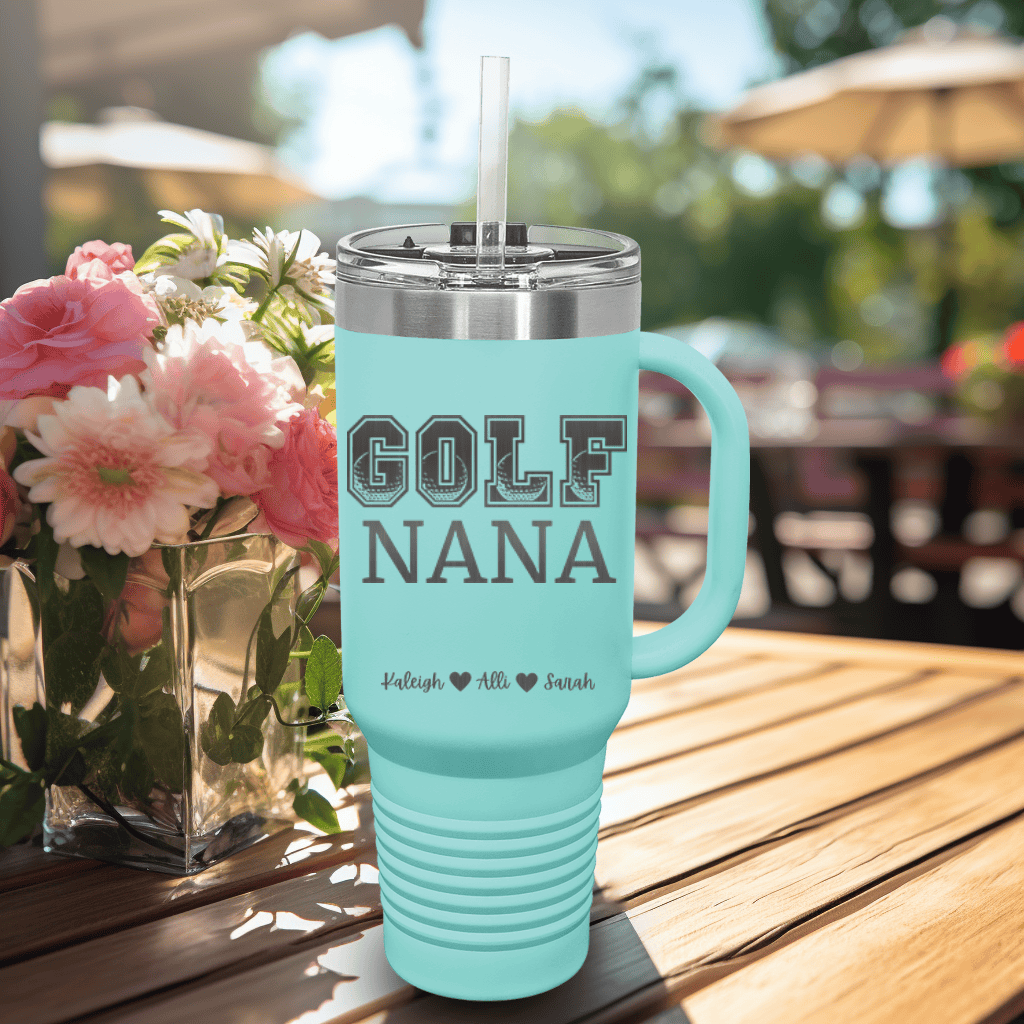 Teal Golf Mom Travel Mug With Handle With Golf Nana Design