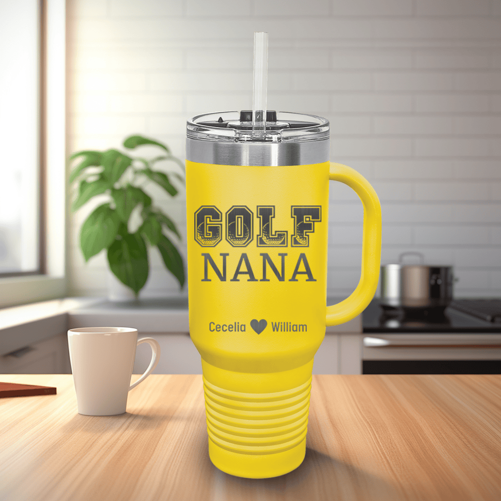 Yellow Golf Mom Travel Mug With Handle With Golf Nana Design