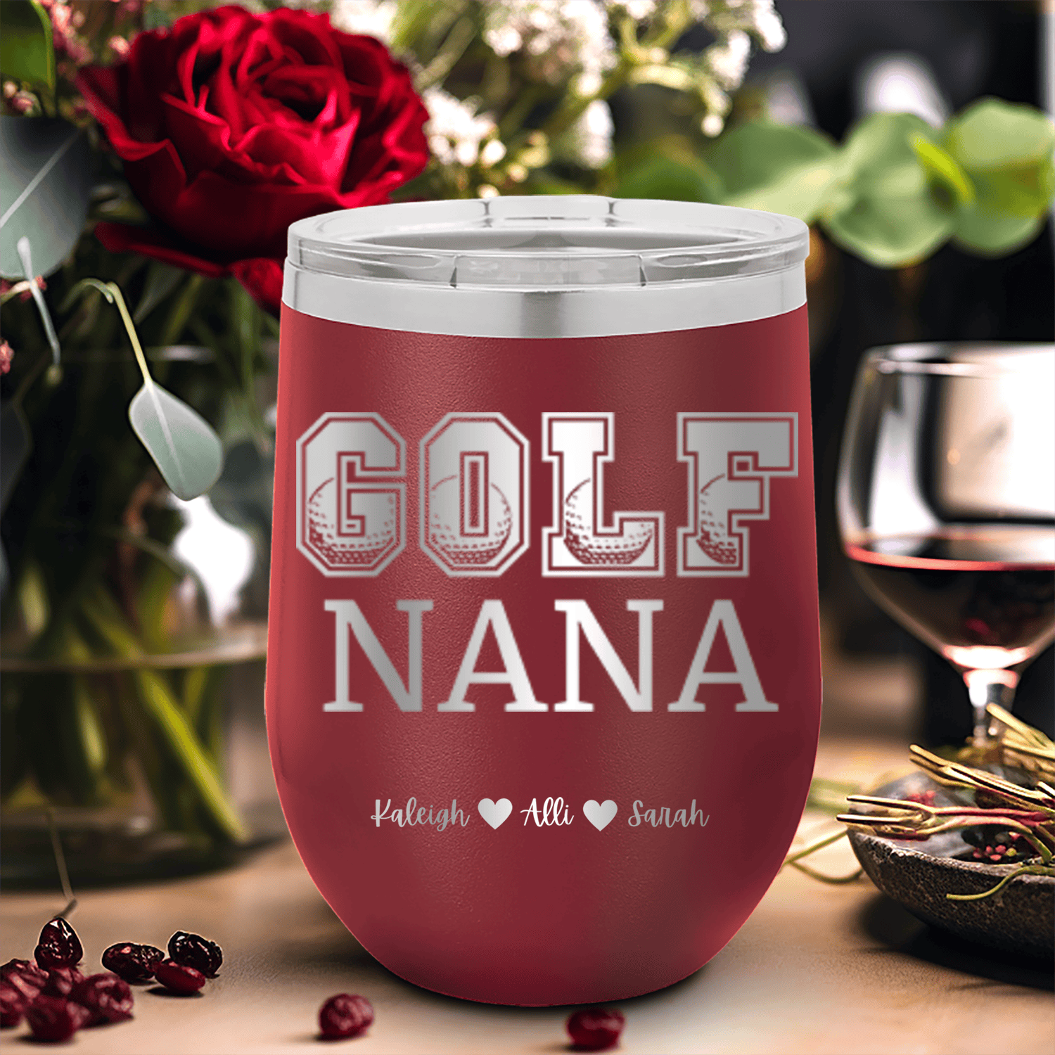 Maroon Golf Mom Wine Tumbler With Golf Nana Design