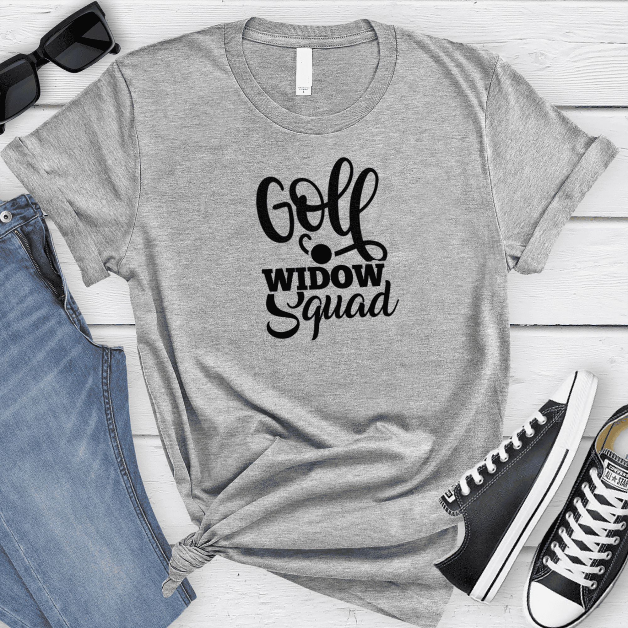 Womens Grey T Shirt with Golf-Widow-Squad design