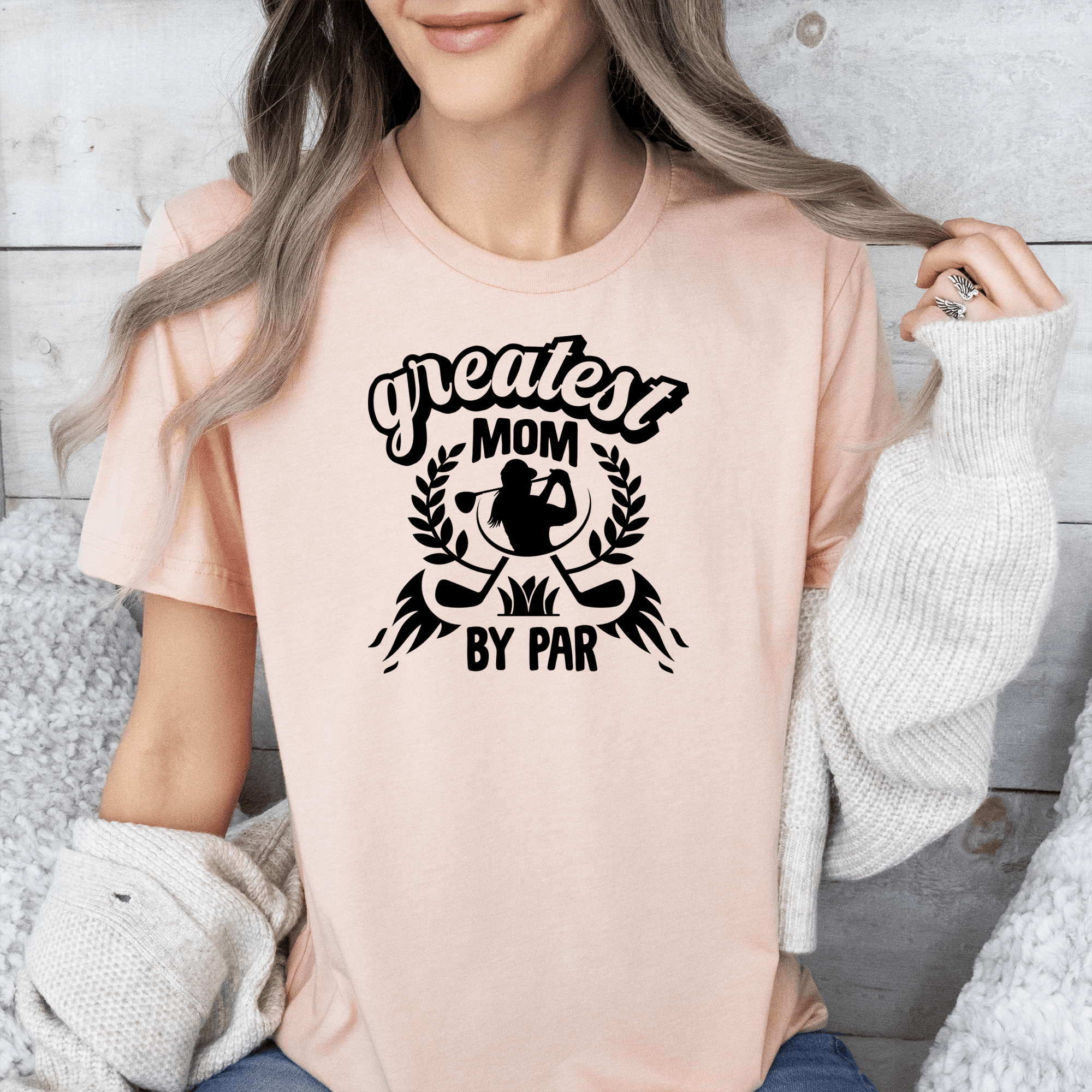 Womens Heather Peach T Shirt with Greatest-Golf-Mom-By-Par design