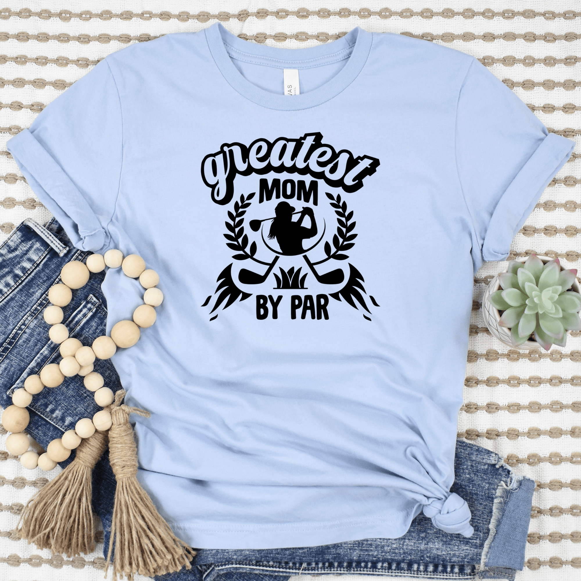 Womens Light Blue T Shirt with Greatest-Golf-Mom-By-Par design