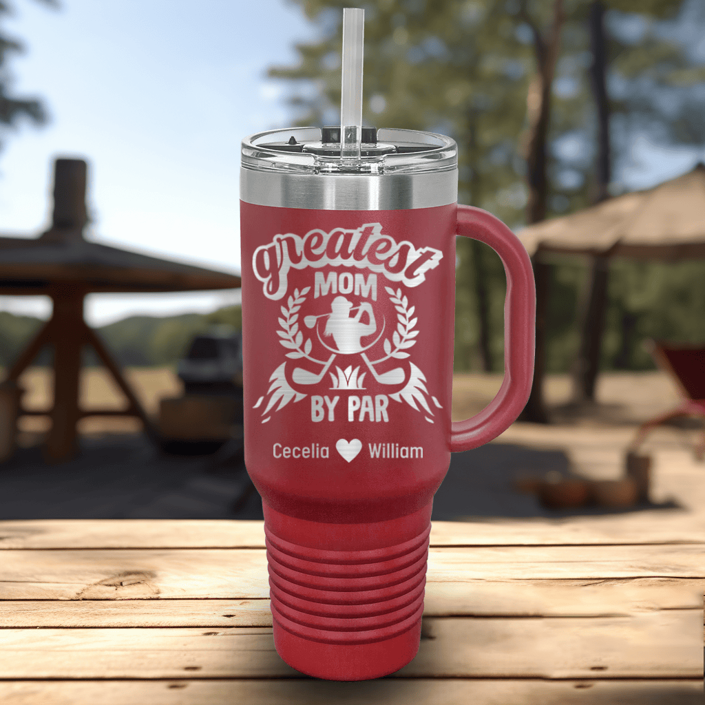 Maroon Golf Mom Travel Mug With Handle With Greatest Golf Mom By Par Design