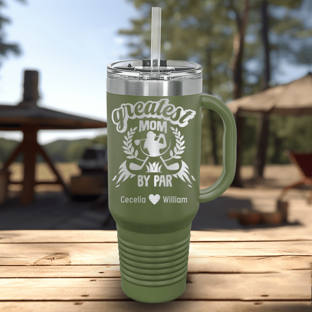 Military Green Golf Mom Travel Mug With Handle With Greatest Golf Mom By Par Design