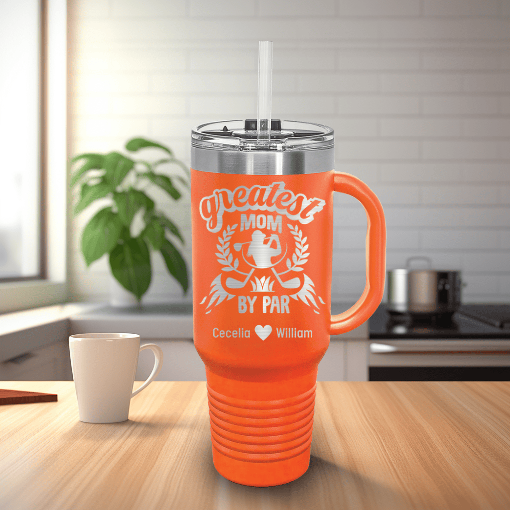 Orange Golf Mom Travel Mug With Handle With Greatest Golf Mom By Par Design