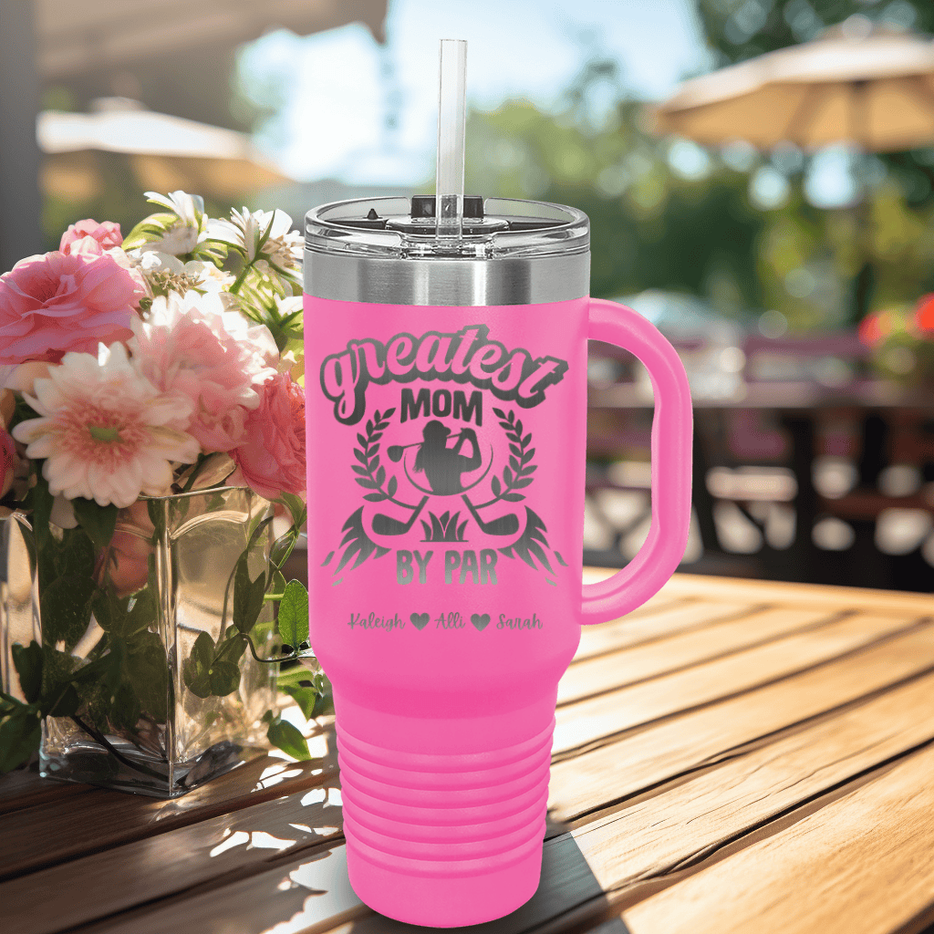 Pink Golf Mom Travel Mug With Handle With Greatest Golf Mom By Par Design