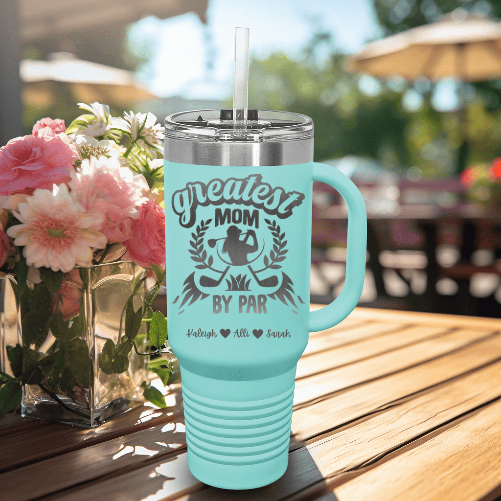 Teal Golf Mom Travel Mug With Handle With Greatest Golf Mom By Par Design