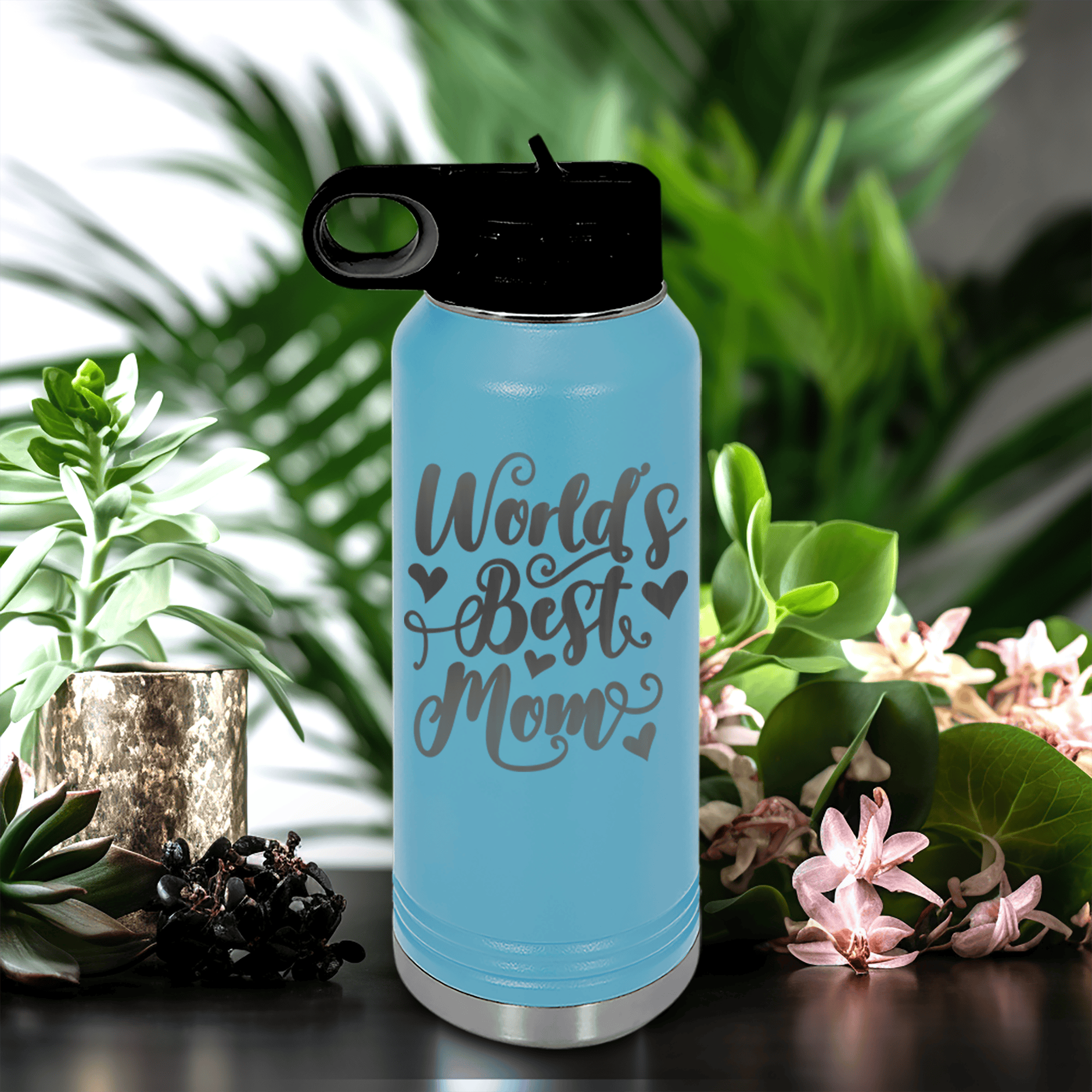 Light Blue Mothers Day Water Bottle With Greatest Mom In The World Design