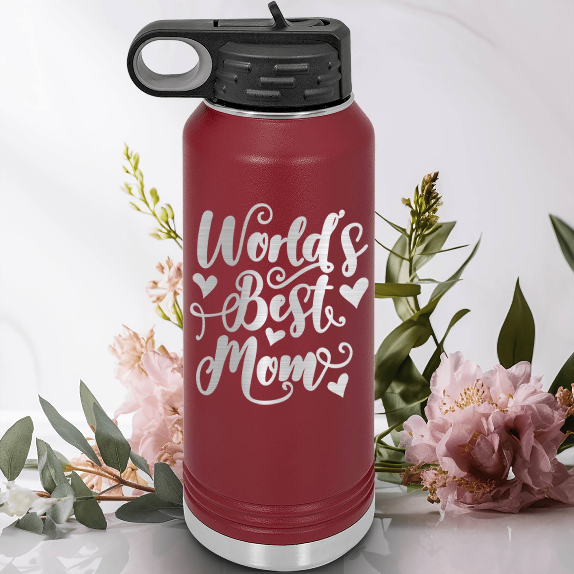 Maroon Mothers Day Water Bottle With Greatest Mom In The World Design