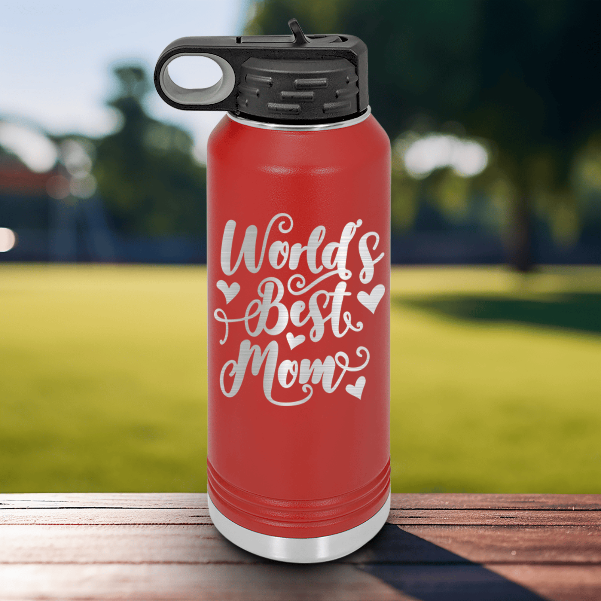 Red Mothers Day Water Bottle With Greatest Mom In The World Design