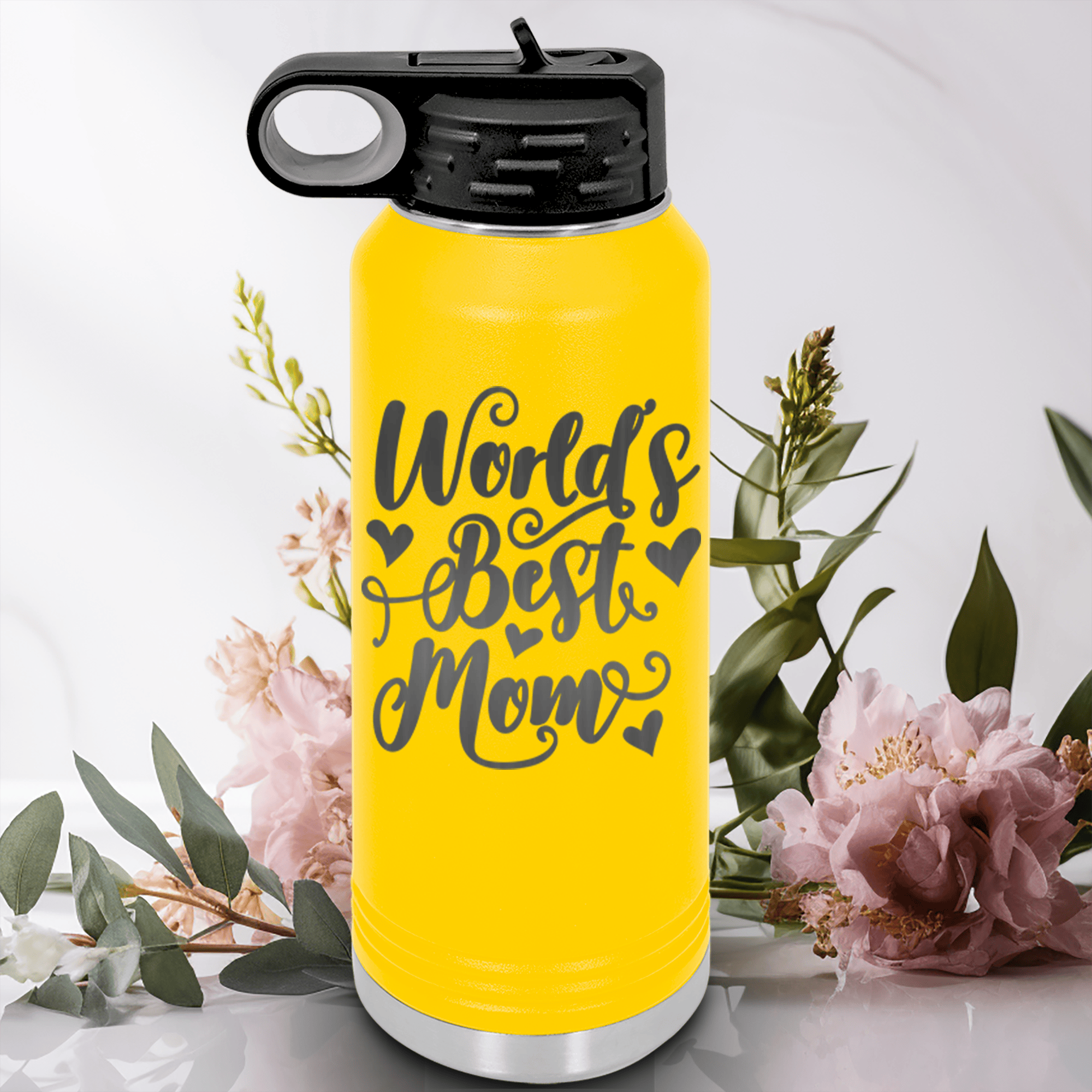 Yellow Mothers Day Water Bottle With Greatest Mom In The World Design