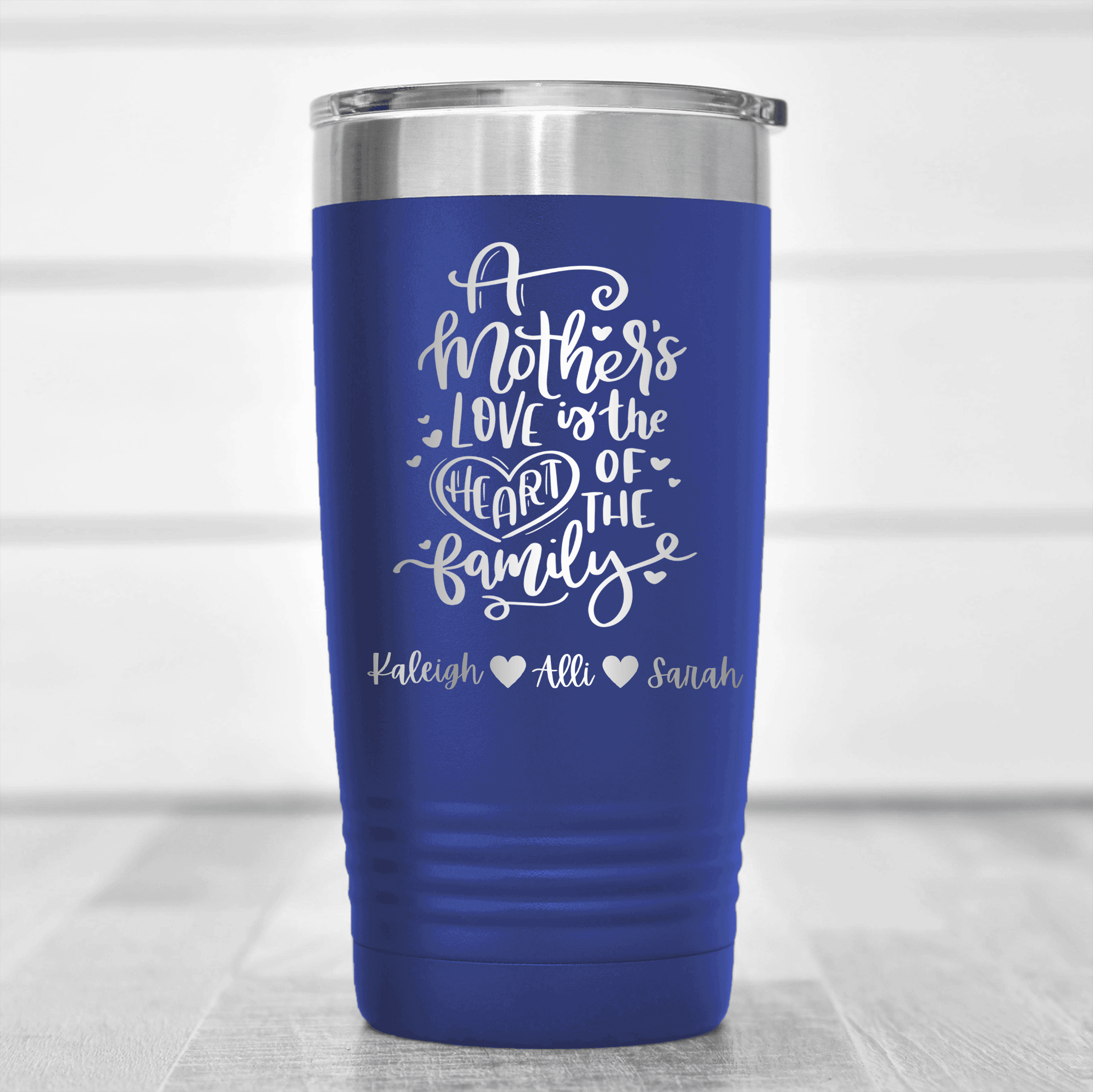 Blue Mothers Day Tumbler With Heart Of The Family Design