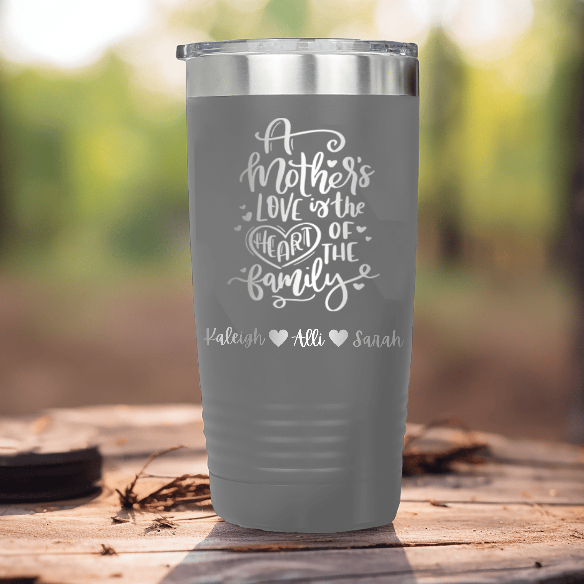 Grey Mothers Day Tumbler With Heart Of The Family Design