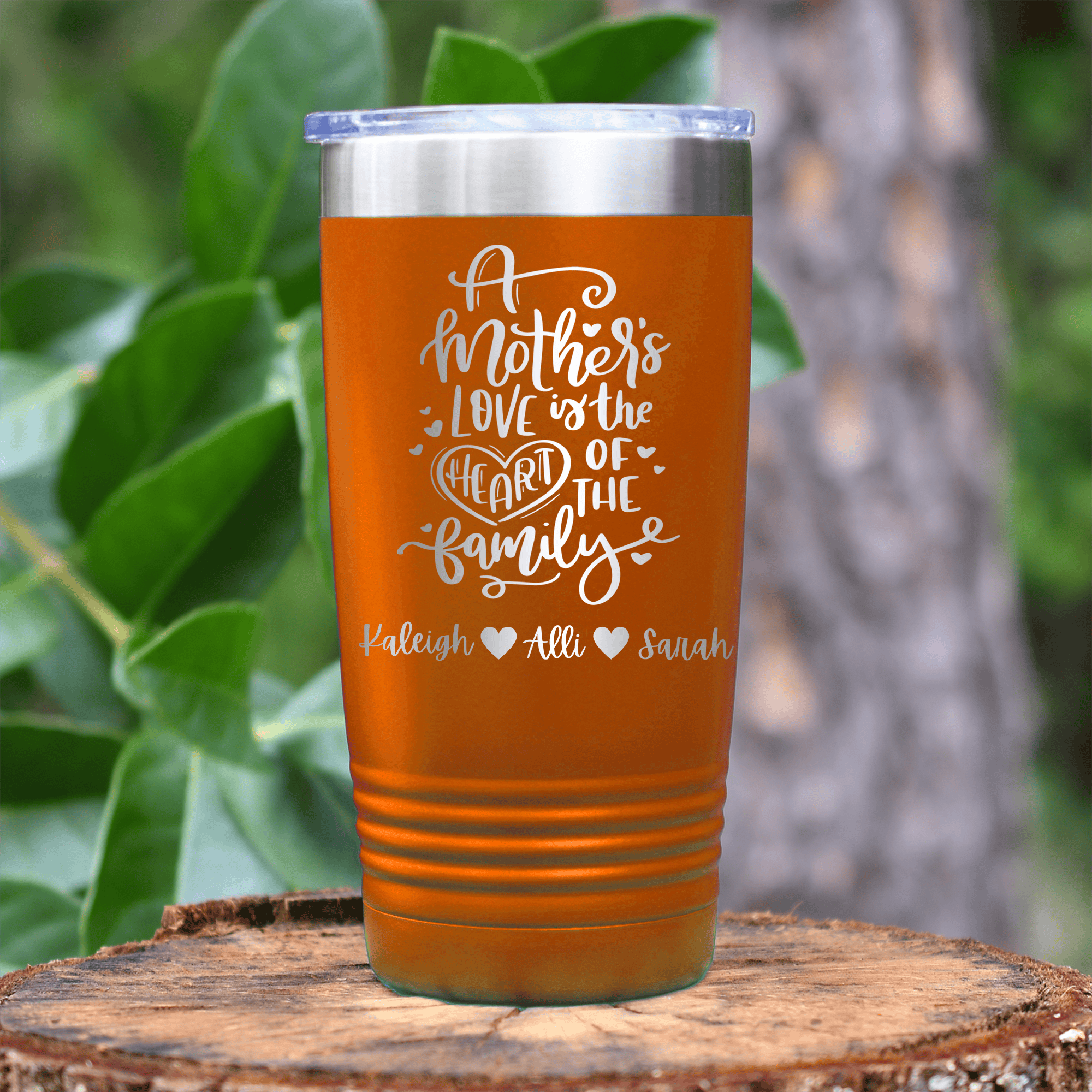 Orange Mothers Day Tumbler With Heart Of The Family Design