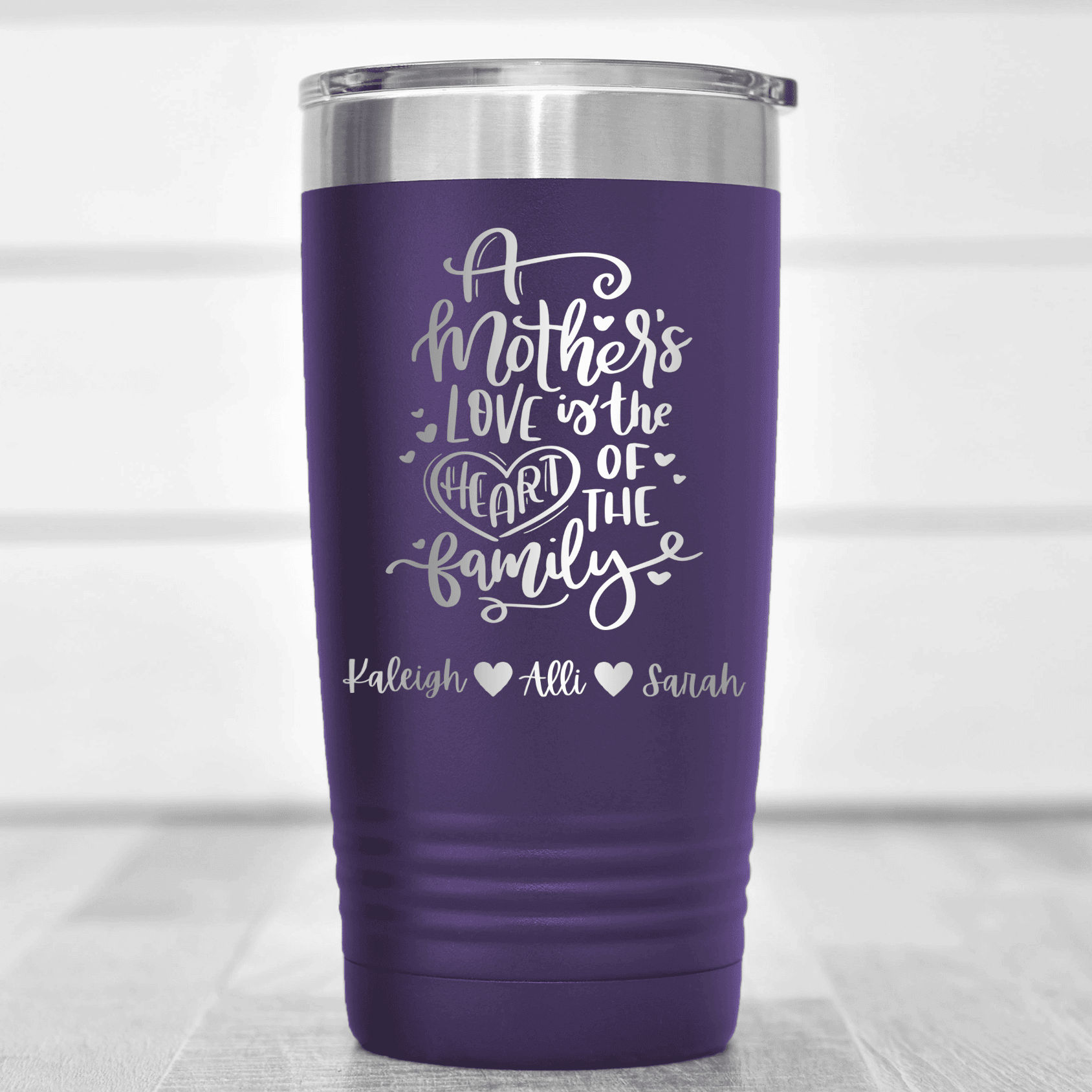 Purple Mothers Day Tumbler With Heart Of The Family Design