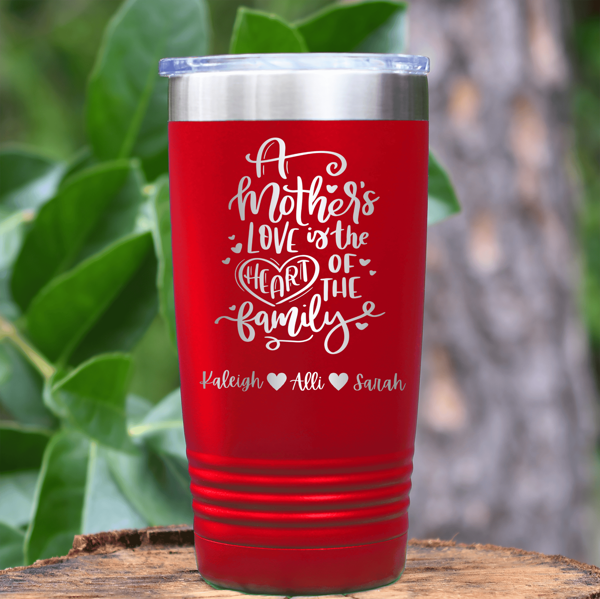 Red Mothers Day Tumbler With Heart Of The Family Design