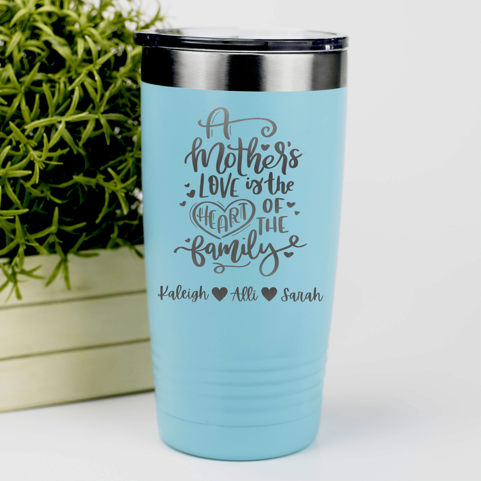 Teal Mothers Day Tumbler With Heart Of The Family Design