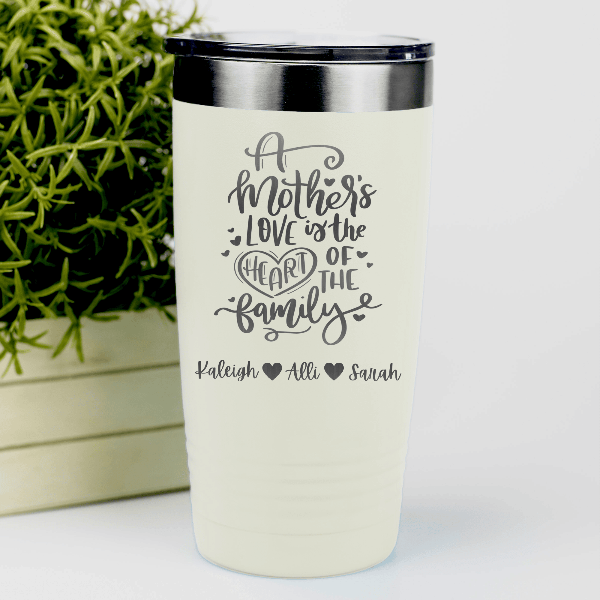 White Mothers Day Tumbler With Heart Of The Family Design