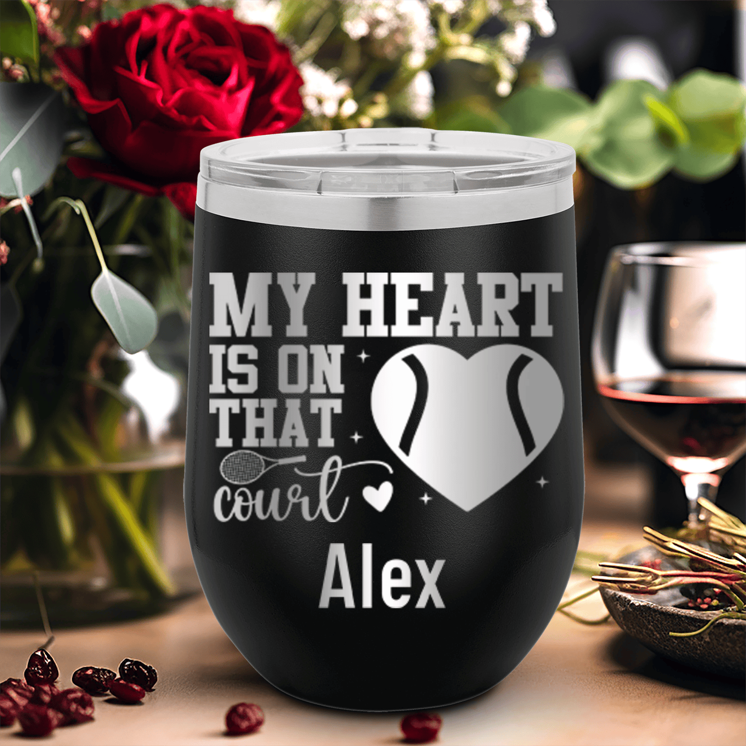 Black Tennis For Her Wine Tumbler With Heart On The Tennis Court Design