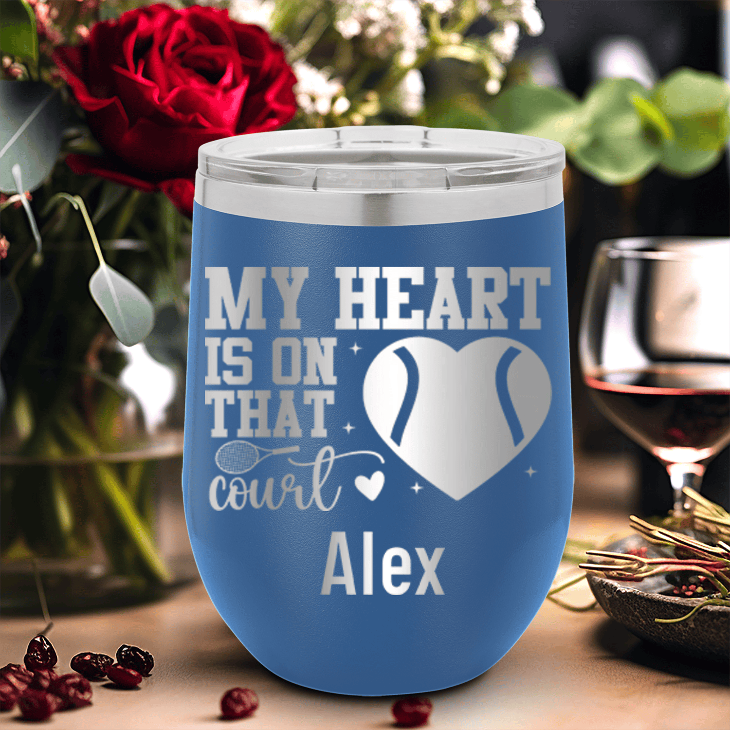 Blue Tennis For Her Wine Tumbler With Heart On The Tennis Court Design