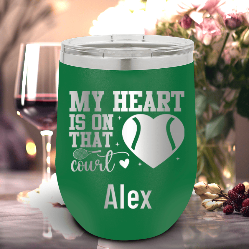 Green Tennis For Her Wine Tumbler With Heart On The Tennis Court Design