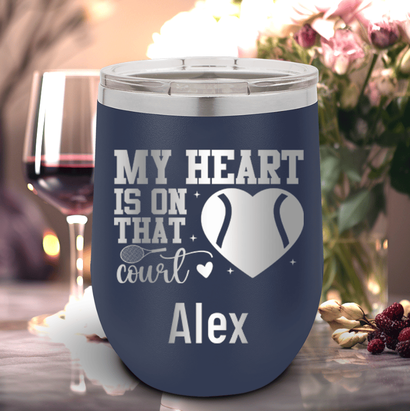 Navy Tennis For Her Wine Tumbler With Heart On The Tennis Court Design