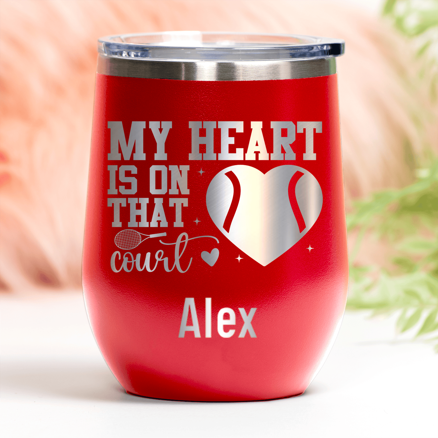 Red Tennis For Her Wine Tumbler With Heart On The Tennis Court Design