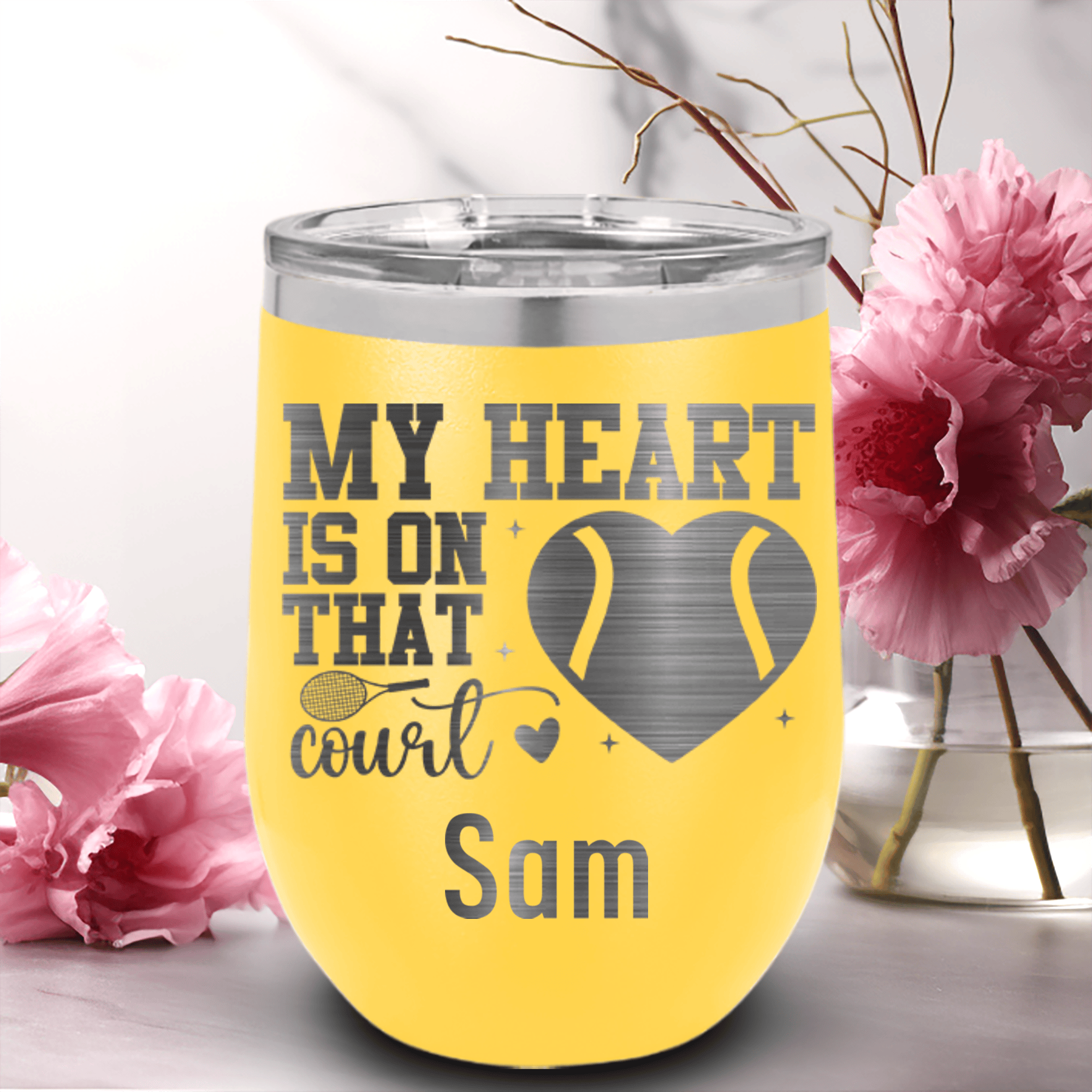 Yellow Tennis For Her Wine Tumbler With Heart On The Tennis Court Design