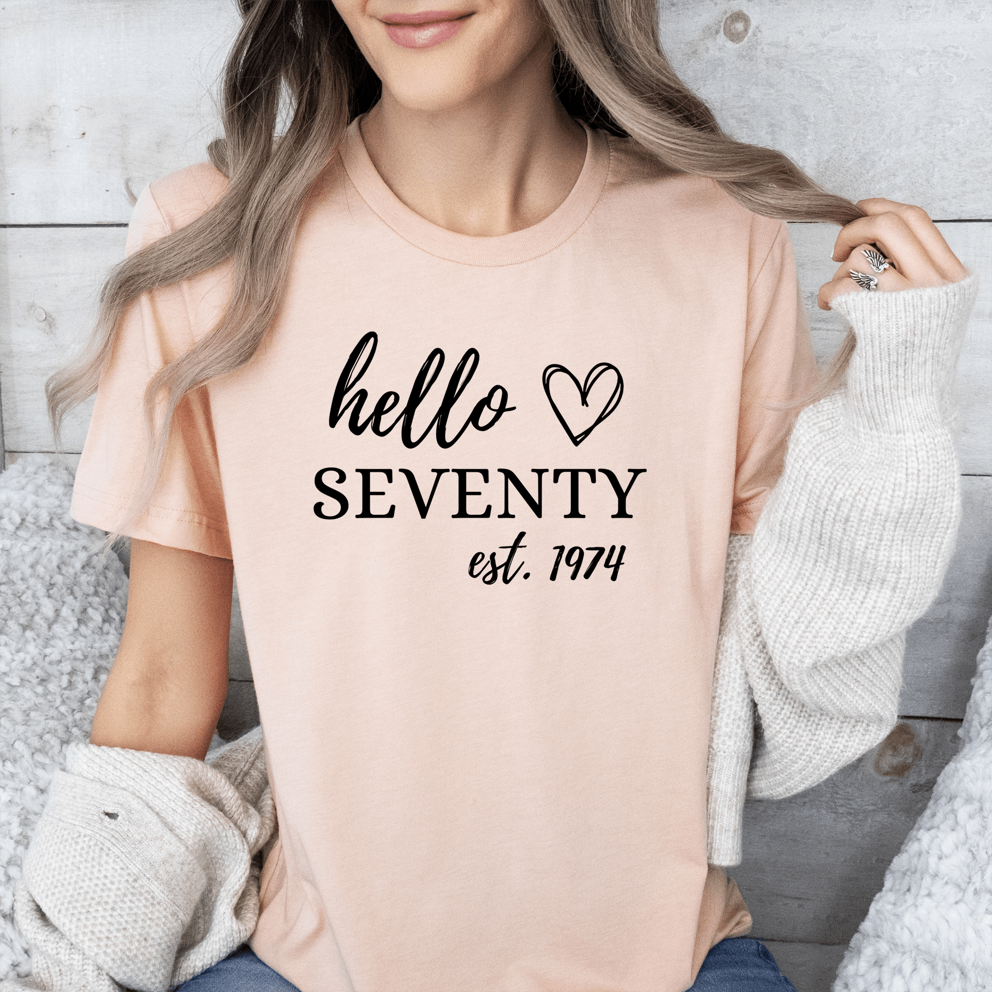 Womens Heather Peach T Shirt with Hello-Seventy design