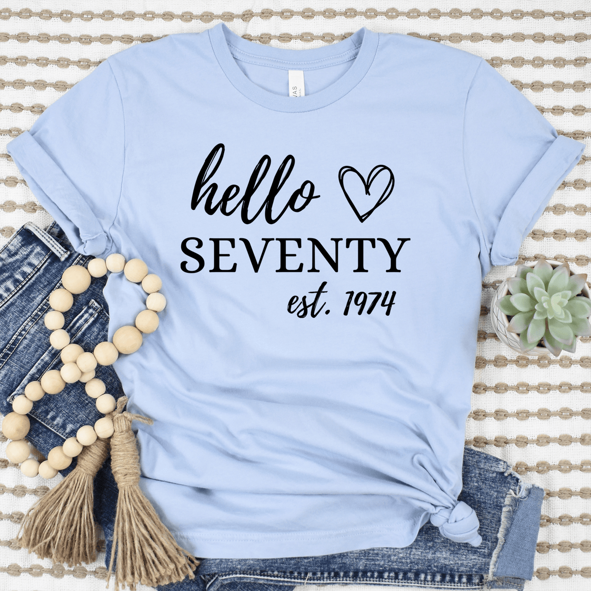 Womens Light Blue T Shirt with Hello-Seventy design