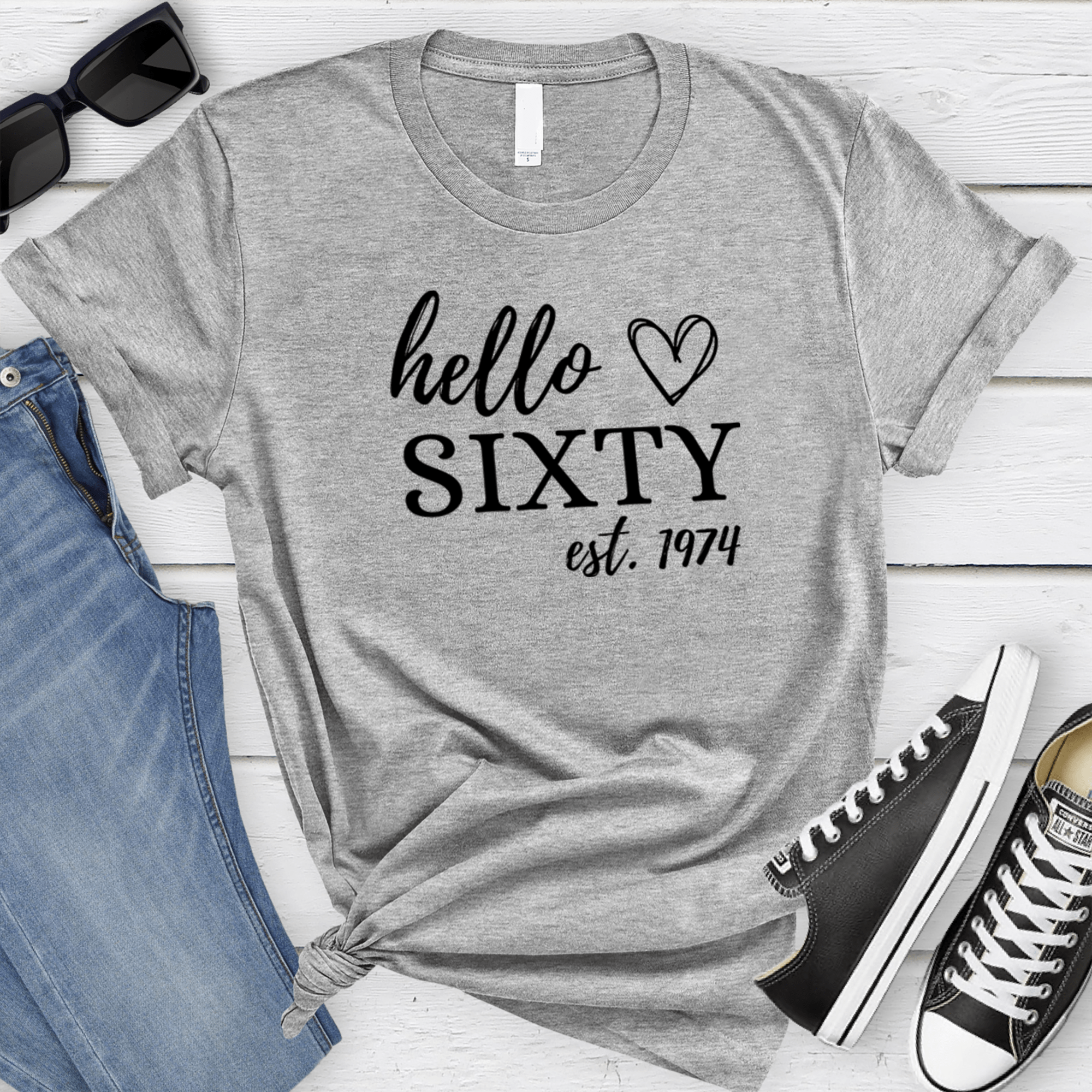 Womens Grey T Shirt with Hello-Sixty design