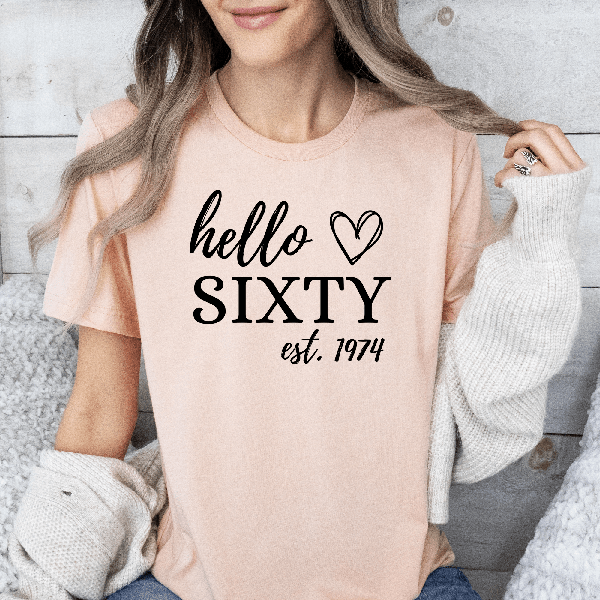 Womens Heather Peach T Shirt with Hello-Sixty design