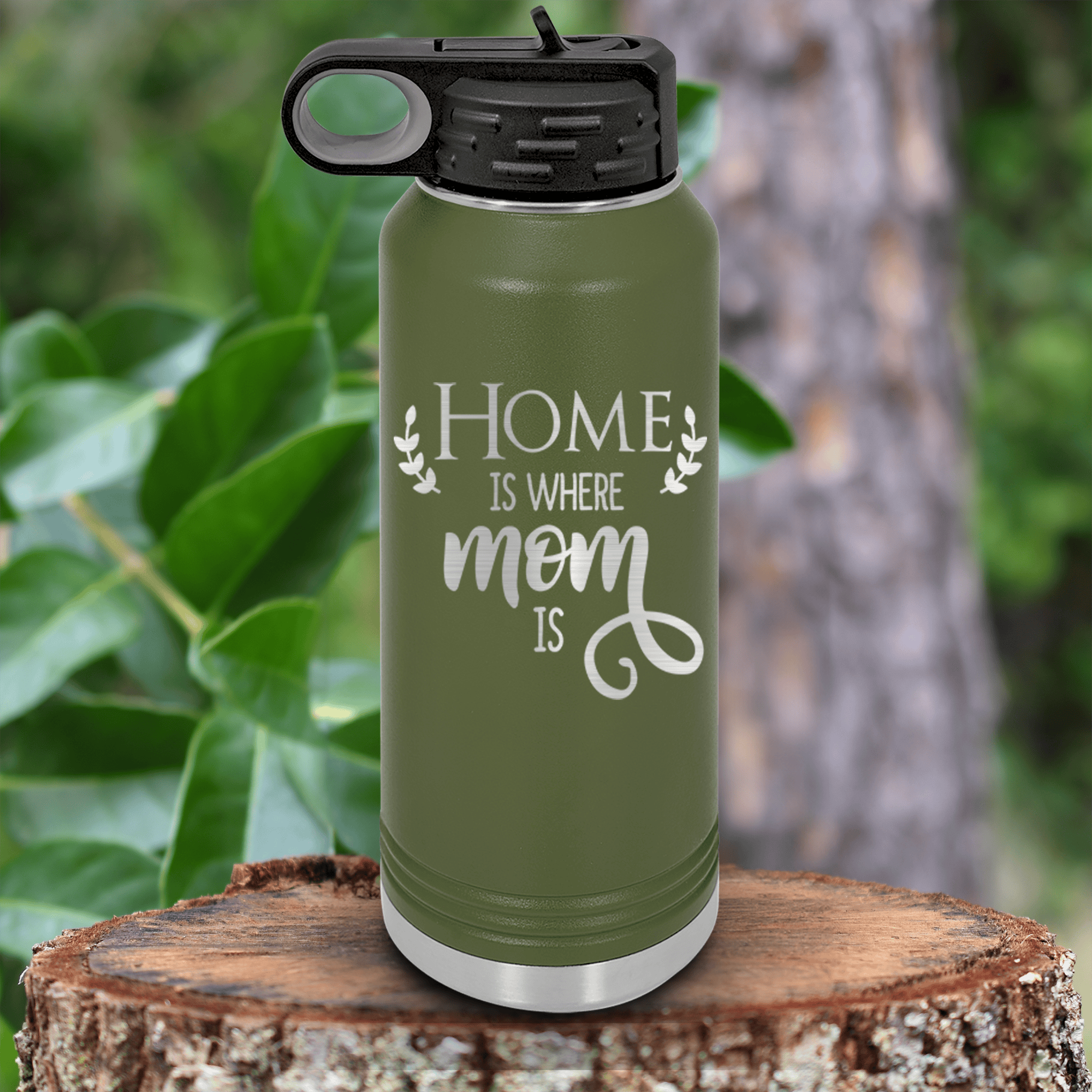 Military Green Mothers Day Water Bottle With Home Is Where Mom Is Design