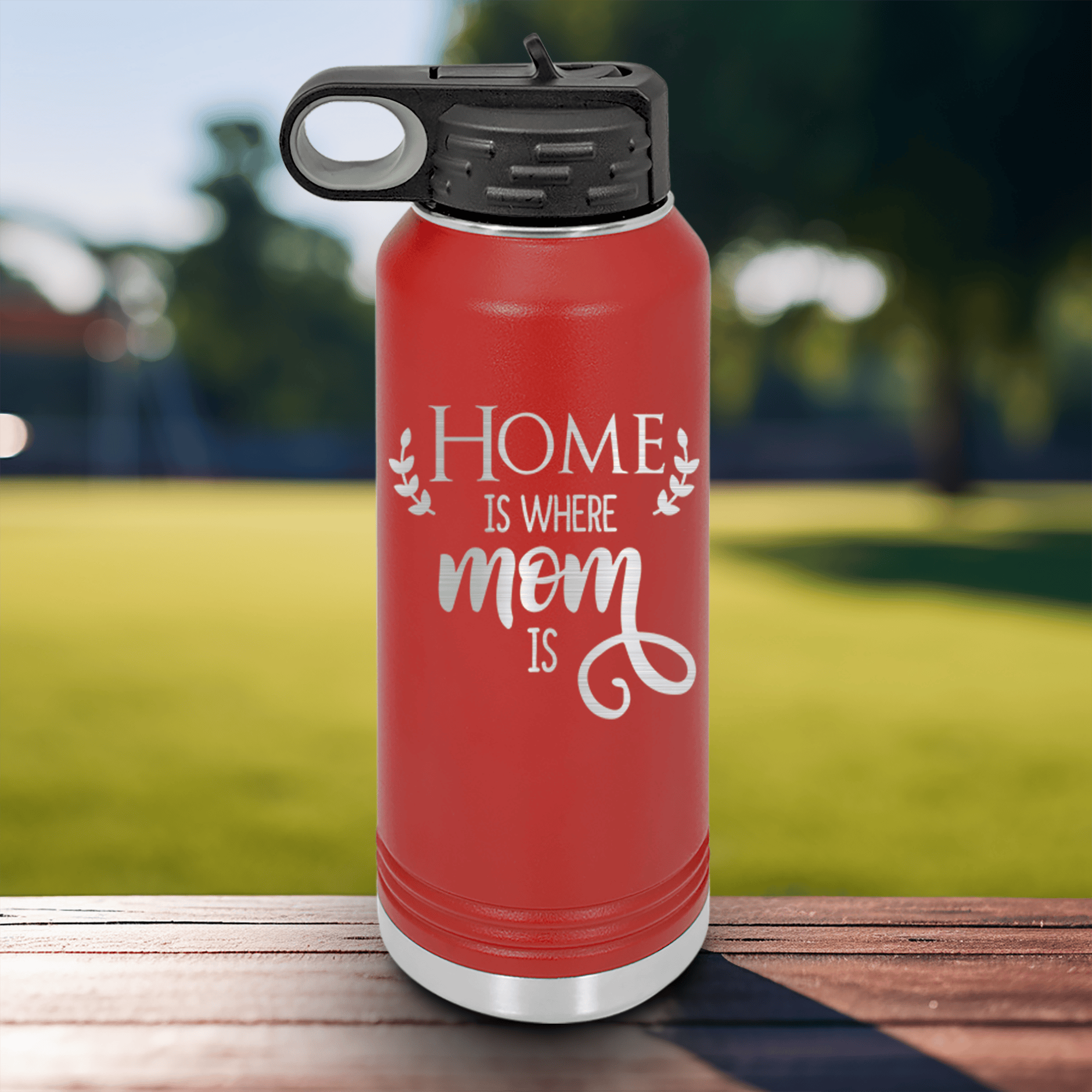 Red Mothers Day Water Bottle With Home Is Where Mom Is Design