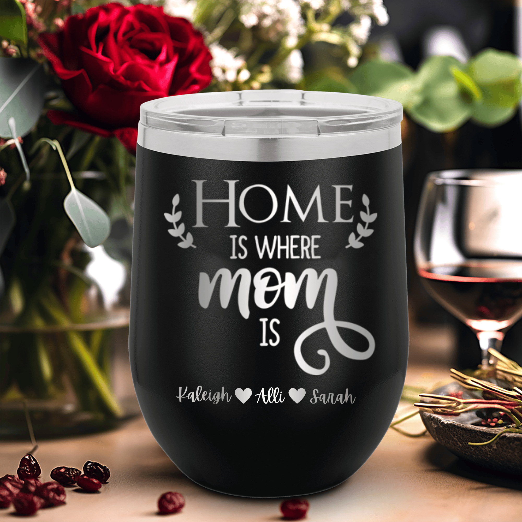 Black Mothers Day Wine Tumbler With Home Is Where Mom Is Design