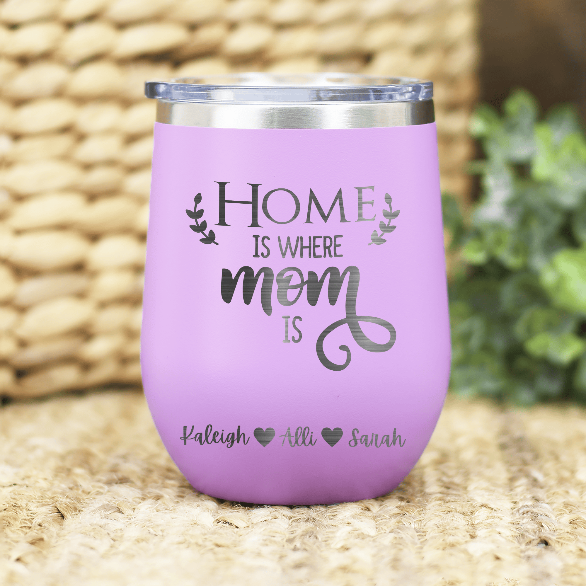 Light Purple Mothers Day Wine Tumbler With Home Is Where Mom Is Design