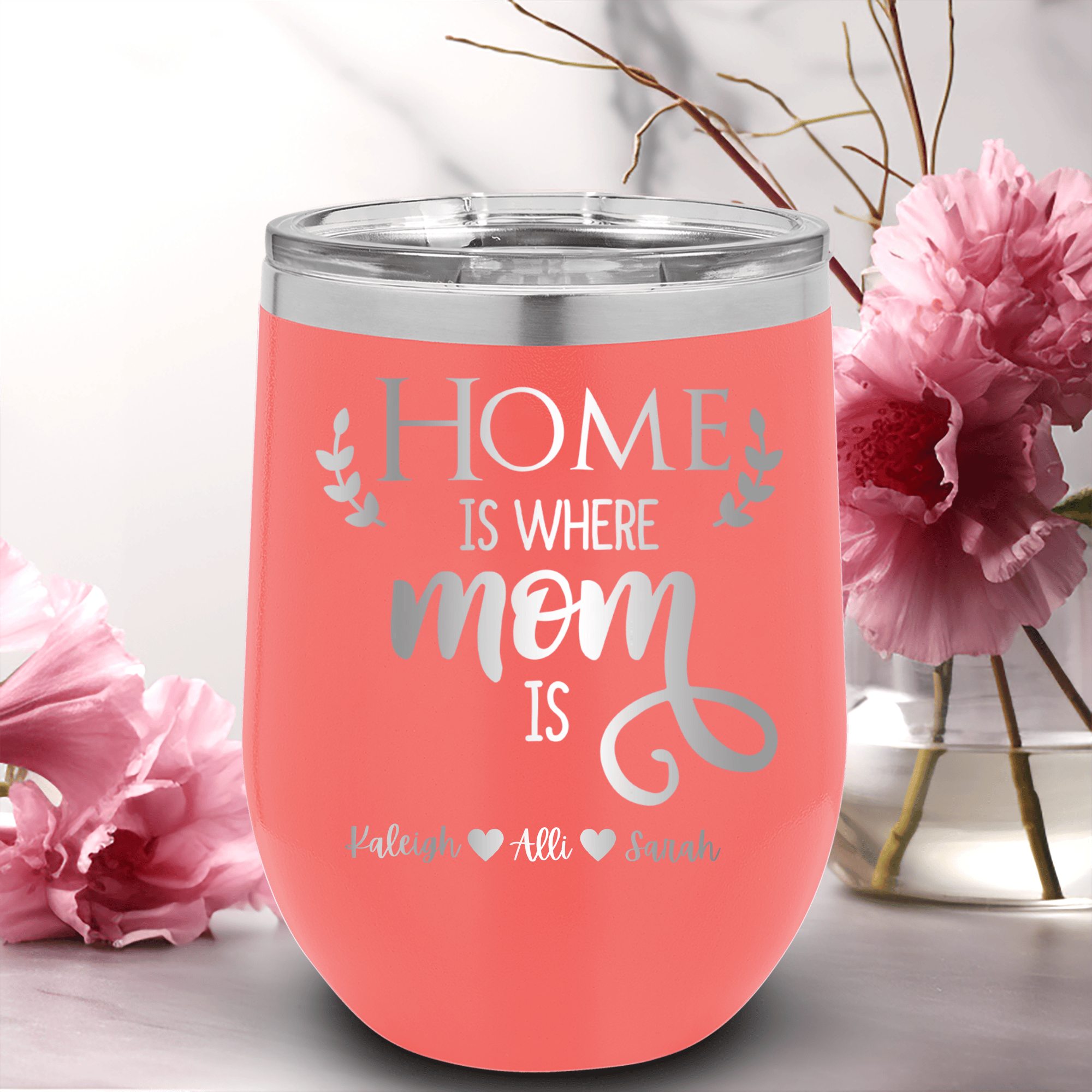 Salmon Mothers Day Wine Tumbler With Home Is Where Mom Is Design