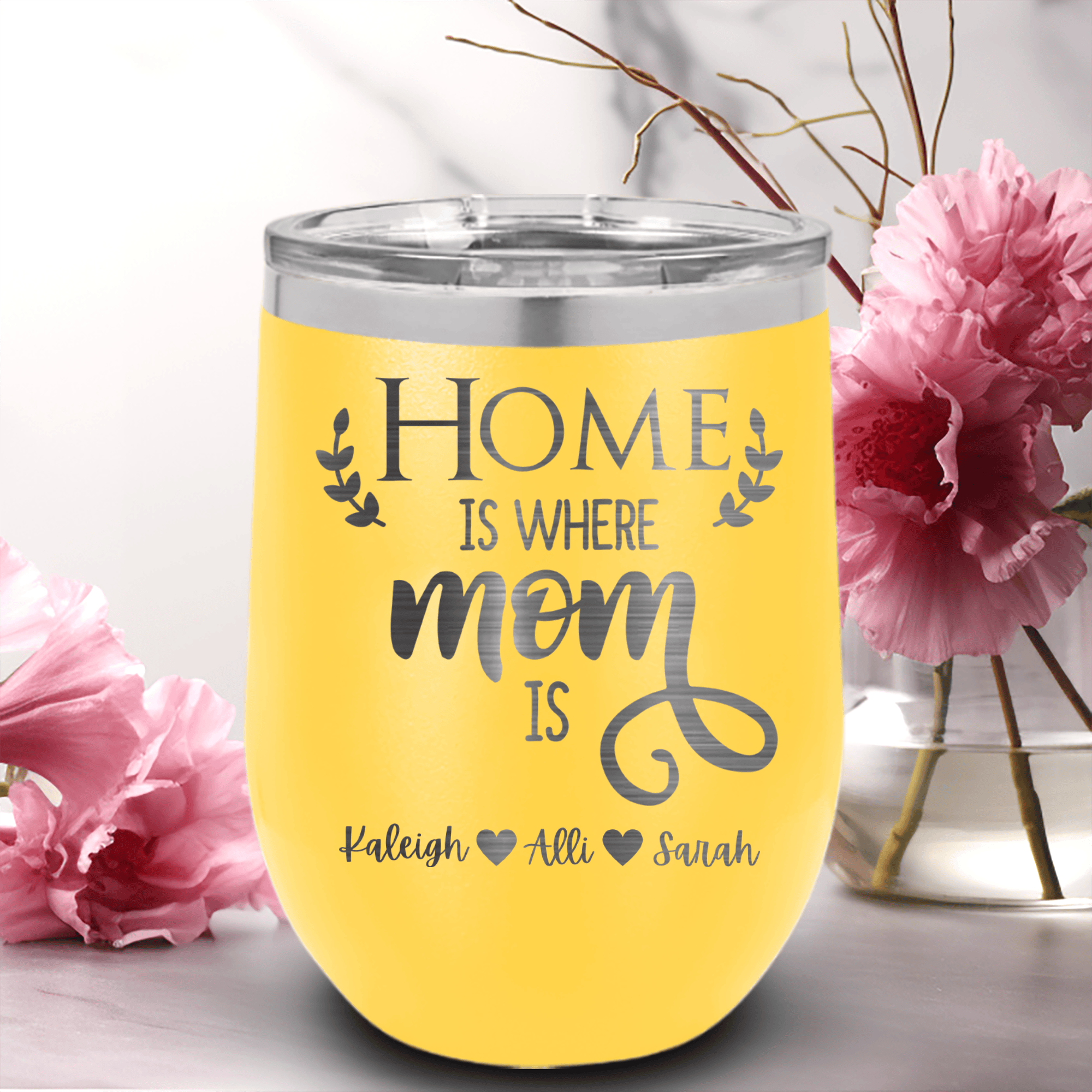 Yellow Mothers Day Wine Tumbler With Home Is Where Mom Is Design