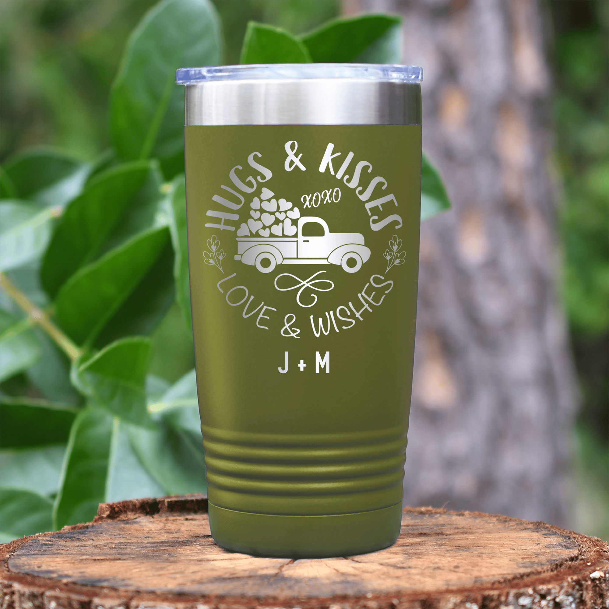 Military Green Valentines Day Tumbler With Hugs Kisses Lovers Wishses Design