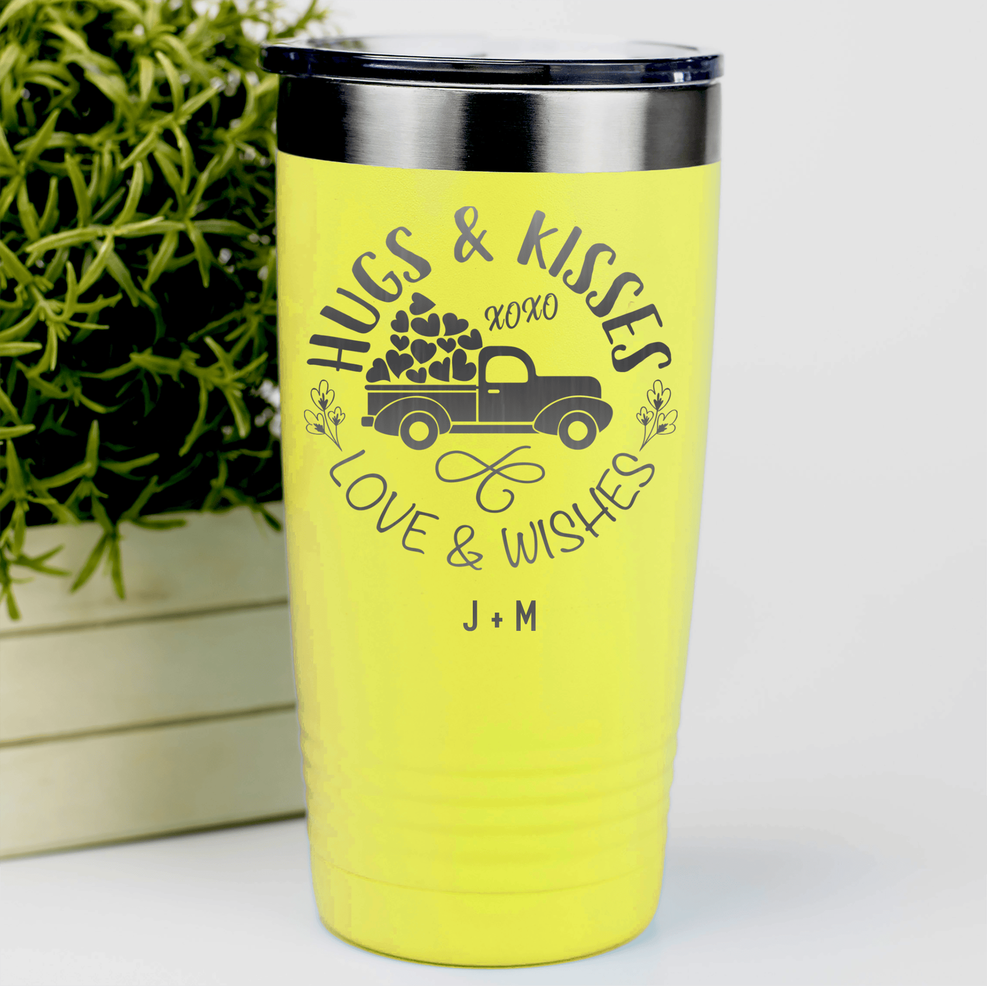 Yellow Valentines Day Tumbler With Hugs Kisses Lovers Wishses Design