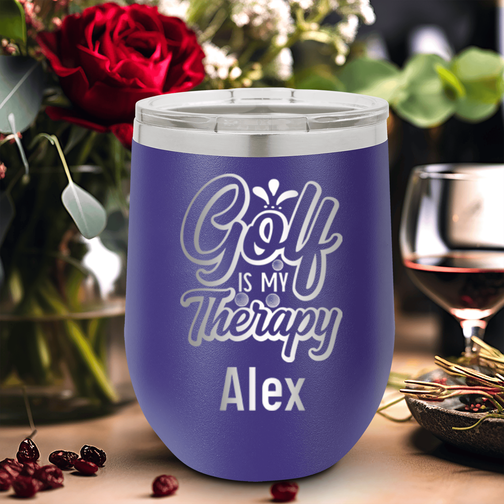 Purple Golf Gifts For Her Wine Tumbler With I Golf For Therapy Design