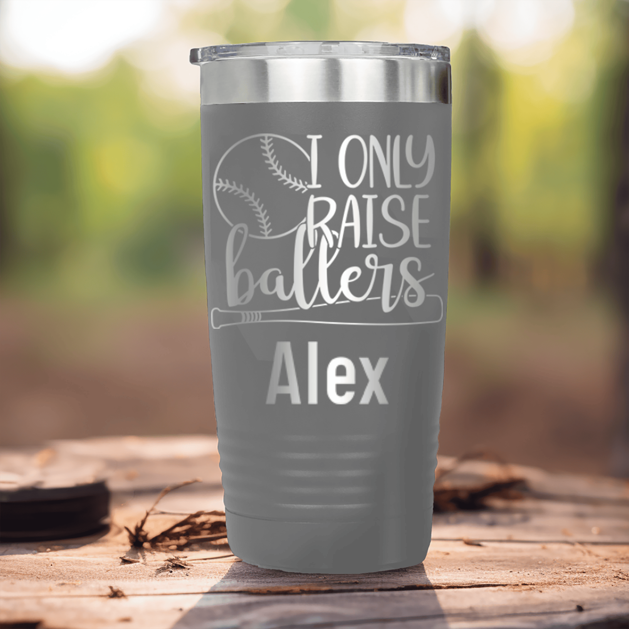 Grey Baseball Mom Tumbler With I Only Raise Ballers Design