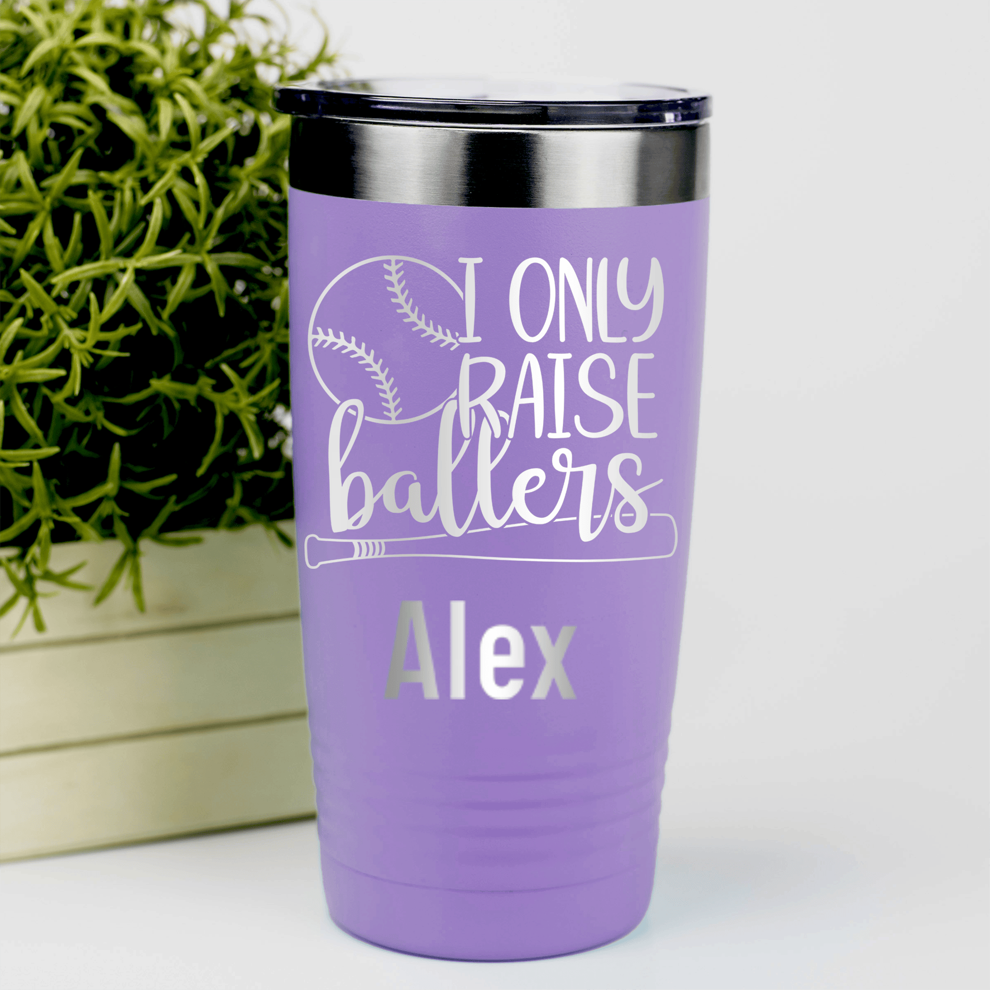 Light Purple Baseball Mom Tumbler With I Only Raise Ballers Design