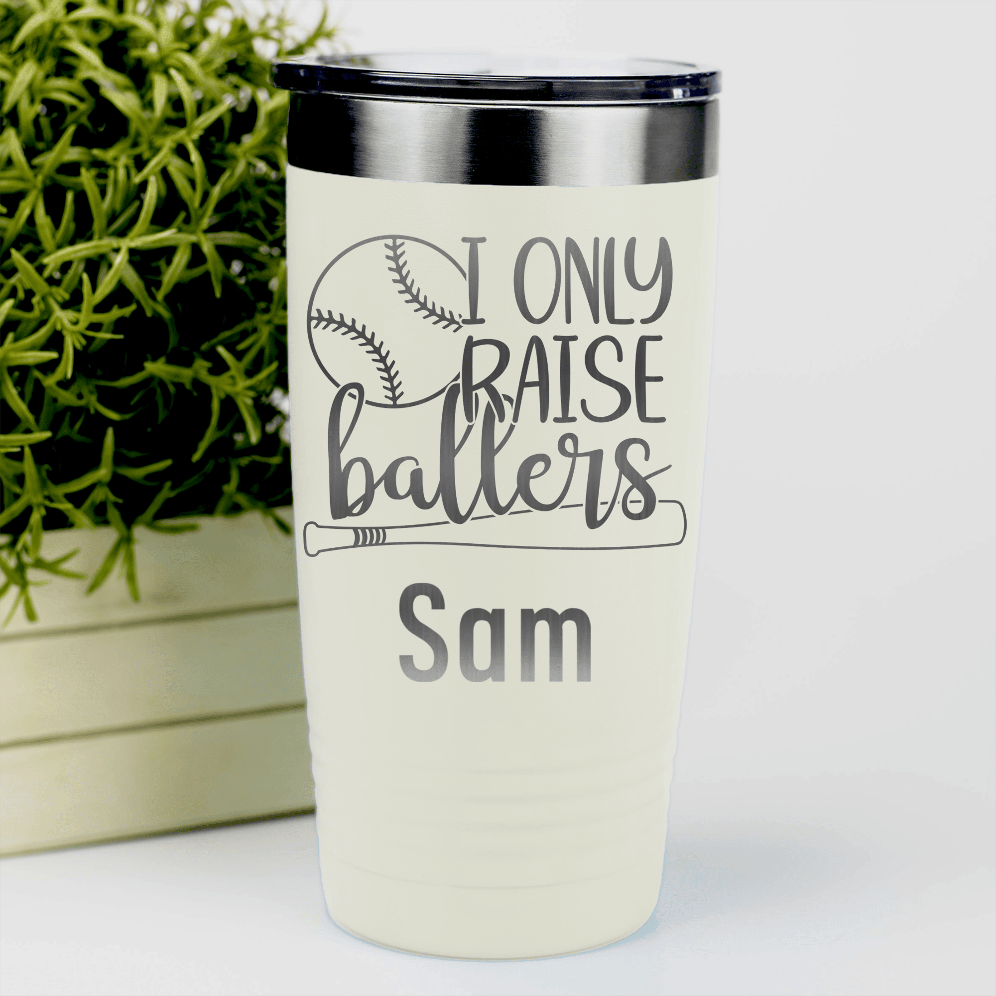 White Baseball Mom Tumbler With I Only Raise Ballers Design